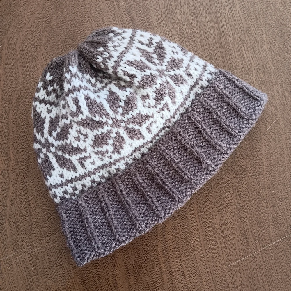 Hand Crafted Handknit Taupe Brown & Ivory Scandinavian Motif Beanie Hat OSFM